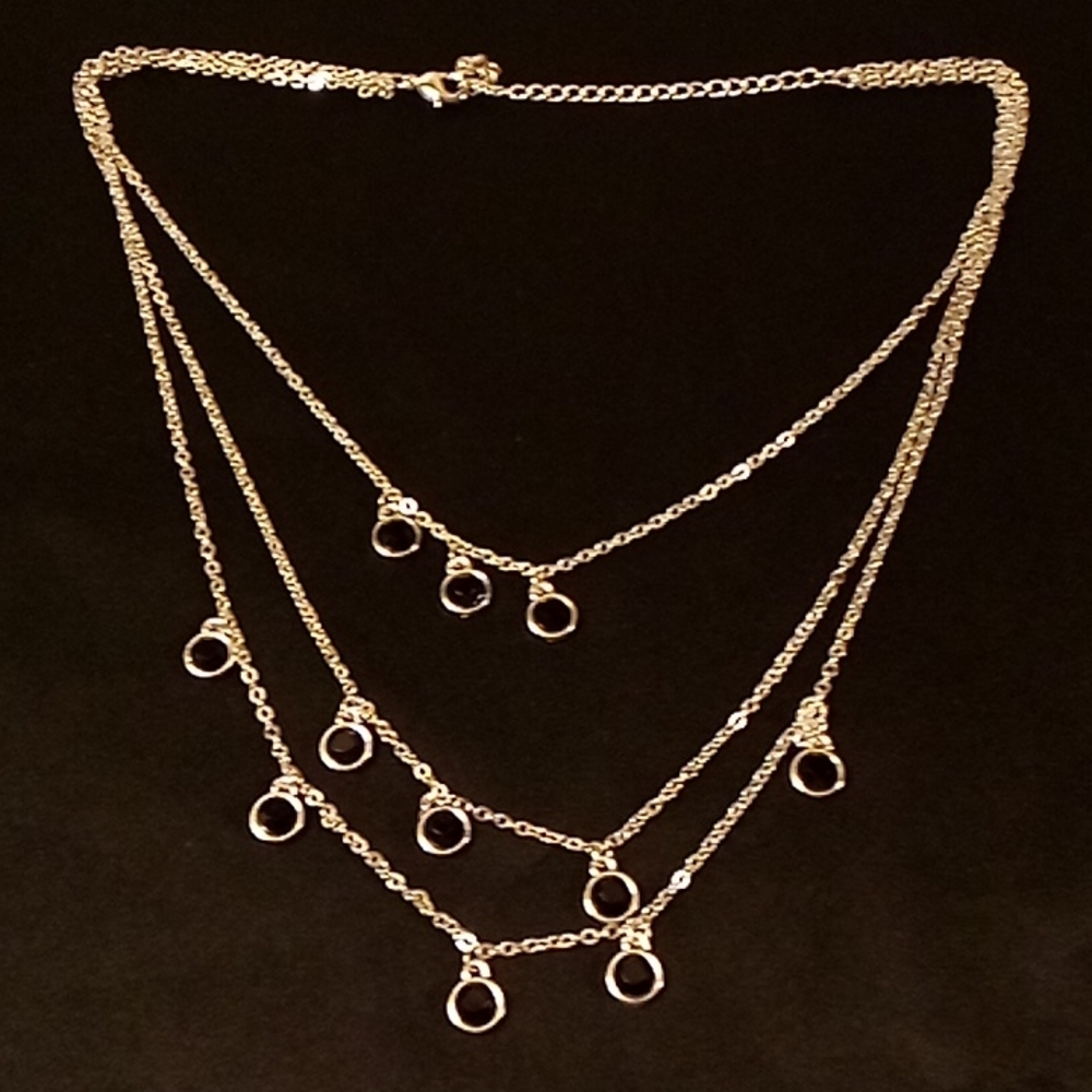 NWOT Silver Triple Layered Necklace with Black Beads